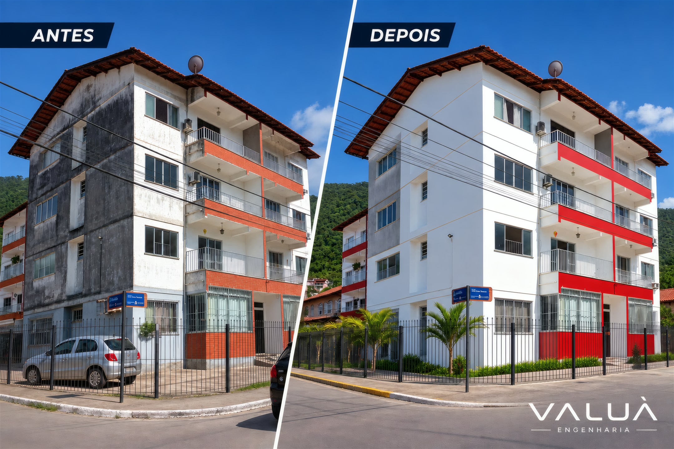 Antes e depois de pintura e revitalização de fachada de prédio executada pela Valuà Engenharia