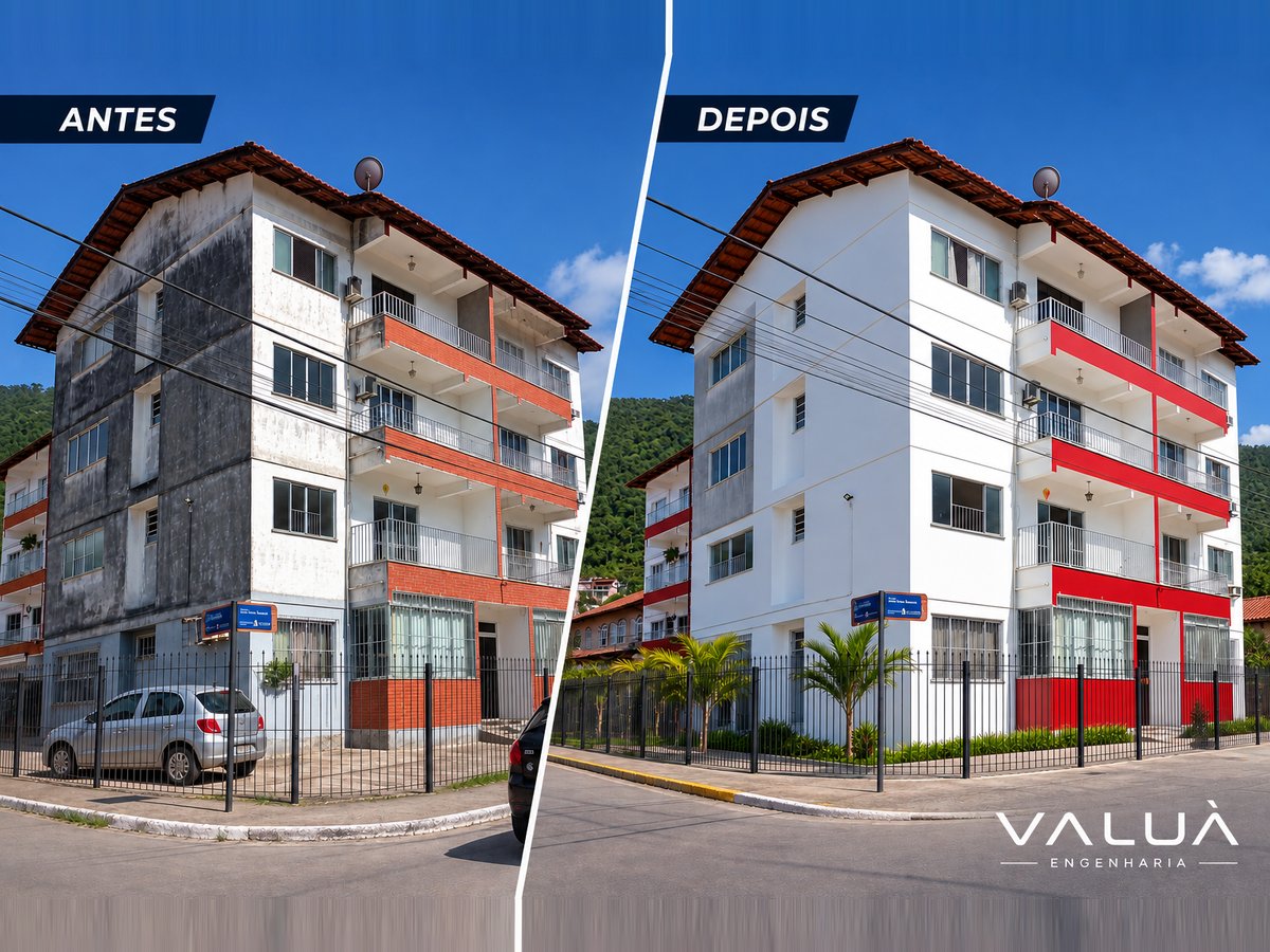 Antes e depois de pintura e revitalização de fachada de prédio executada pela Valuà Engenharia